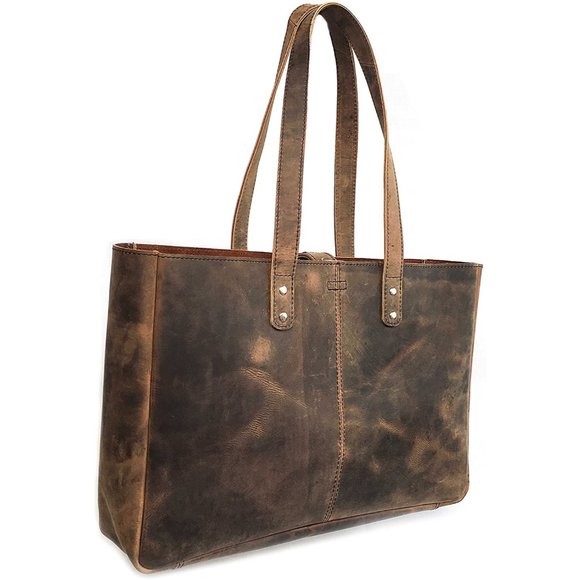 Full Grain Buffalo Leather Tote Vintage Leather Work Tote Large Shoulder Bag - Picture 2 of 5